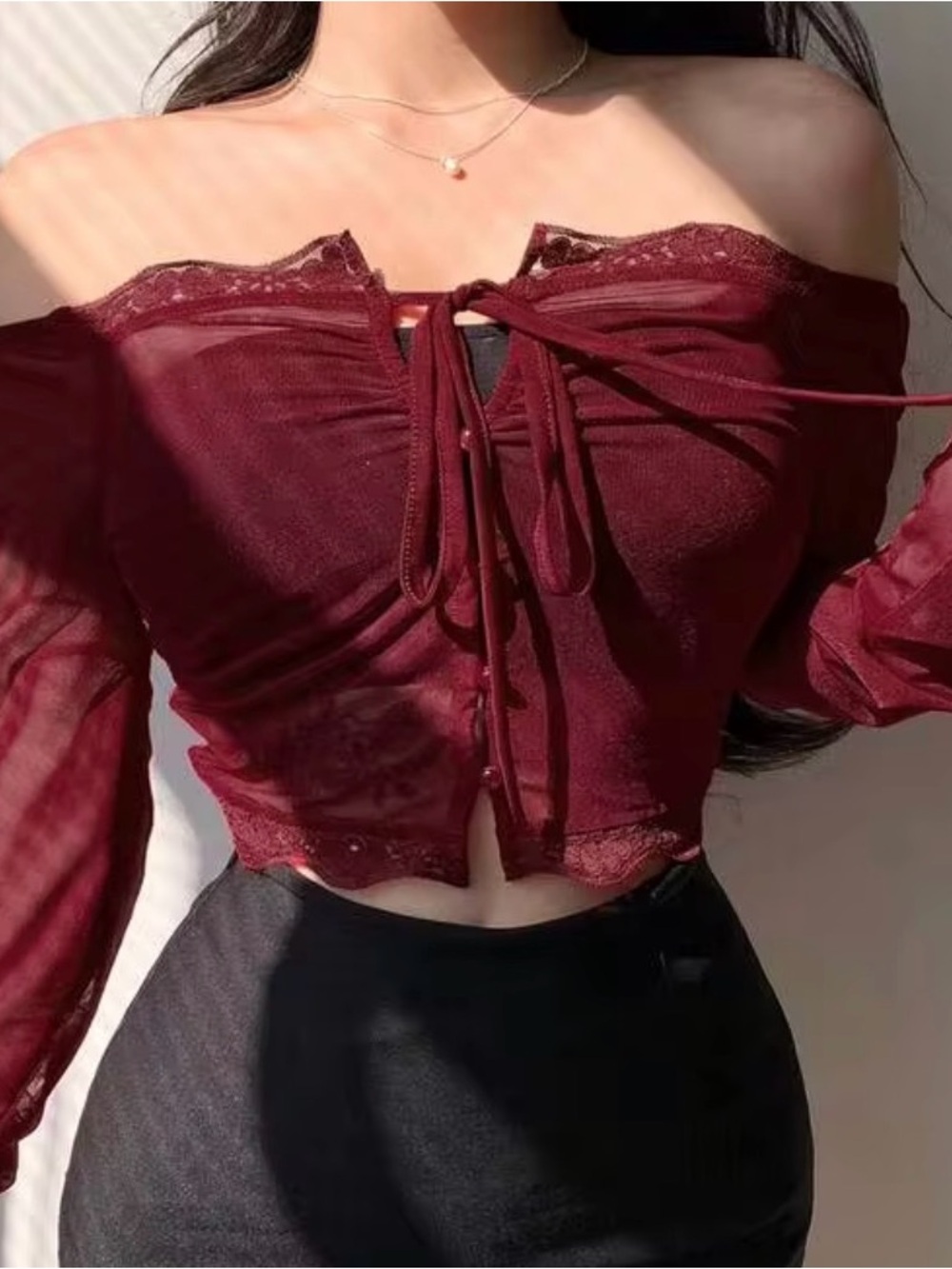 Sheer Burgundy Lace-Trim Crop Top with Front Tie